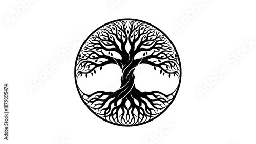 Black silhouette of life tree inside a circular frame design