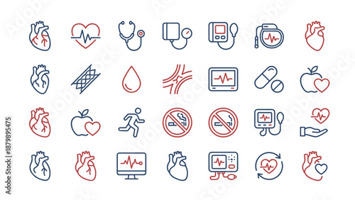 Cardiology and heart health line icons set. Medical vector collection. Healthcare symbols bundle. Stethoscope, pulse, clinic elements. Minimalist outline style graphic design kit