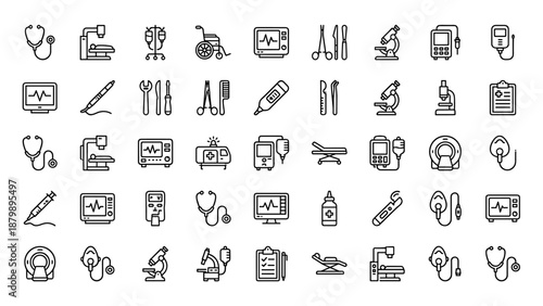 Medical line icons set. Hospital equipment devices. Healthcare collection. Clinic instruments. Surgical tools. Linear outline. Minimalist design. Diagnosis. Emergency symbols kit.