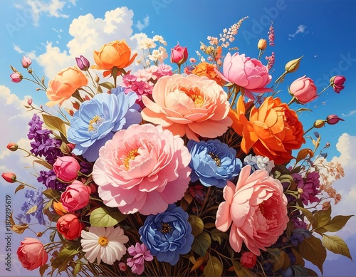 A vibrant bouquet of various flowers in hues of pink, orange, blue, and purple set against a sunny sky filled with fluffy clouds