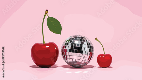 Cherry and disco ball on pink background, playful fruit-art contrast, reflective surface, surreal composition, vibrant setup, whimsical decor, creative visual pairing