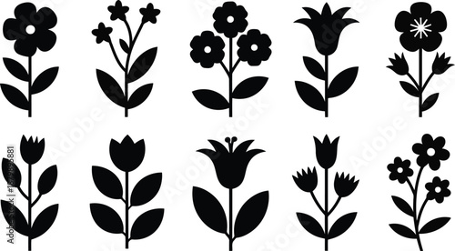 A charming collection of ten diverse black flower silhouettes with stems and leaves on a crisp white background