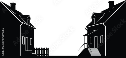 Two houses silhouette vector illustration with picket fence and stairs, black suburban home icons, residential real estate property design elements, isolated building architecture,