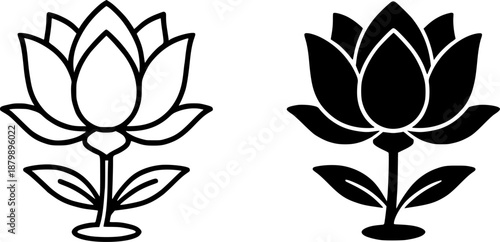 Lotus flower illustration icon in outline and silhouette style