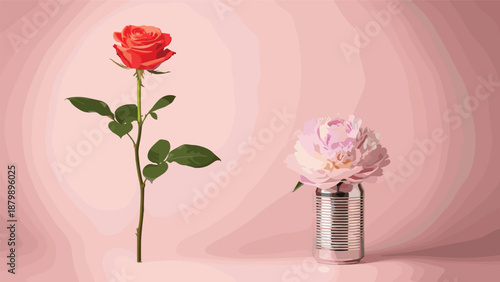 Minimal floral still life illustration with red rose and soft peony in metal vase, elegant botanical composition, pastel background, modern decorative art