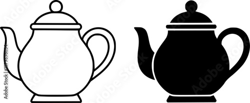 Antique icon, teapot illustration in outline and silhouette style