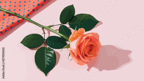 Orange-pink rose with green stem on soft pink surface, polka dot fabric accent, elegant floral simplicity, romantic pastel composition, gentle shadow detail