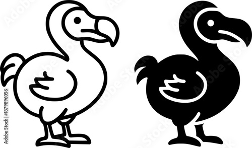 Antique icon, dodo bird illustration in outline and silhouette style