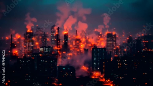 Dramatic Nighttime Cityscape with Red Hues and Smoke, Evoking a Sense of Catastrophe or Industrial Activity.