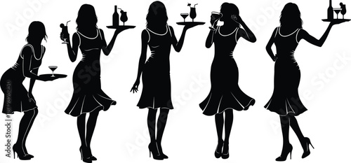 Collection of black female silhouettes serving drinks and cocktails on trays, professional waitresses for restaurant, bar, catering, and nightlife events vector illustration,