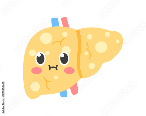 Cute fatty liver cartoon character. Liver disease and medical health concept. Flat vector illustration