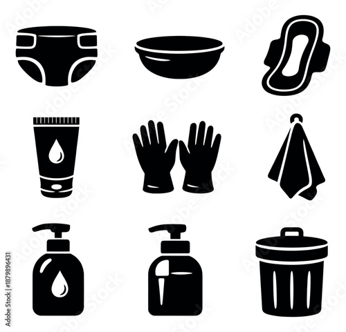 Solid icon hygiene and sanitation set featuring a diaper, sanitary pad, gloves, soap, and trash can for personal care