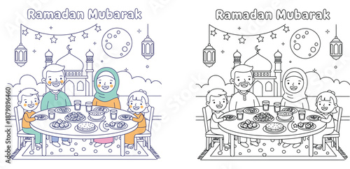 Ramadan Mubarak Muslim family having Iftar dinner vector illustration, coloring book page with colored and outline versions, happy Islamic parents and children eating food near mosque.