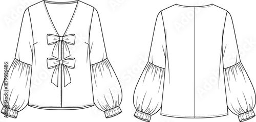 Women long puff sleeve blouse with front bow details technical flat sketch