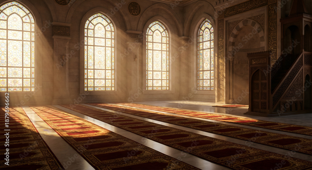 Obraz premium Golden Rays of Sun Stream Through Arched Windows into a Grand Mosque Interior, Illuminating Ornate Prayer Rugs, Creating a Sacred and Tranquil Atmosphere