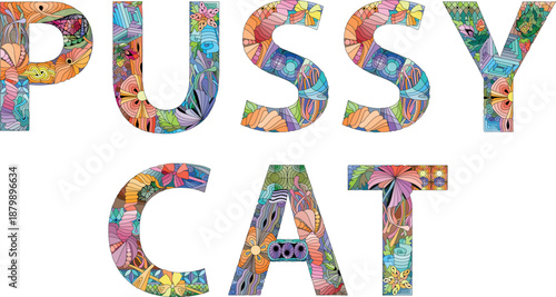 Word PUSSYCAT. Vector zentangle object for decoration
