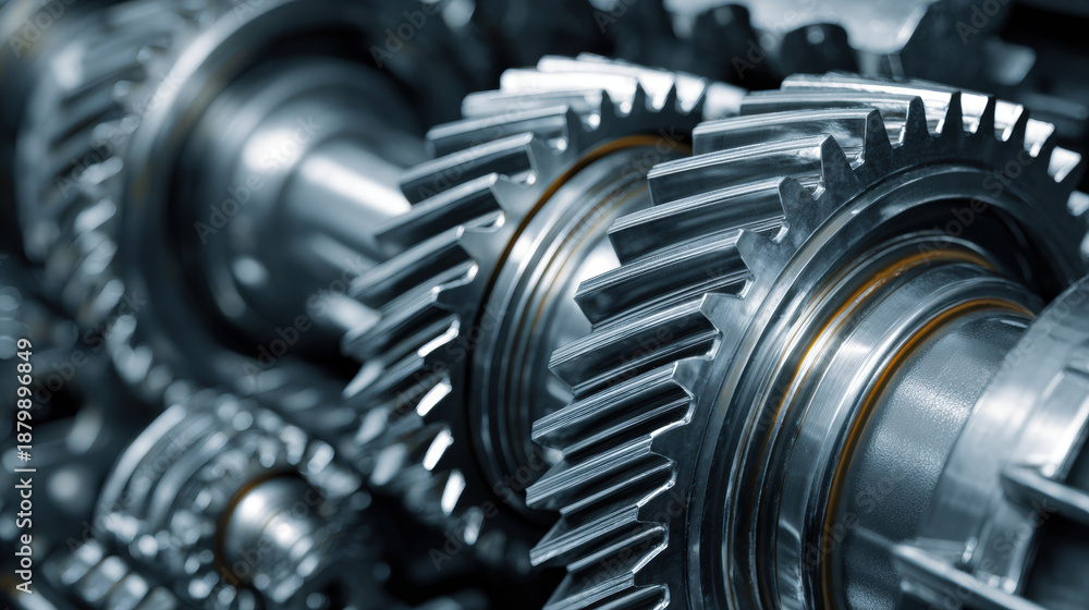 Fototapeta premium Close-up view of interlocking metal gears in a complex mechanical system. Detailed shot of shiny metallic gears meshing together, showcasing intricate engineering and industrial machinery.