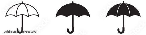 Simple umbrella icon set featuring line art and silhouette designs for weather forecasting and protection