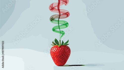 Strawberry with DNA helix emerging from top, red-green genetic strand, soft blue background, biotechnology concept, surreal fruit science illustration