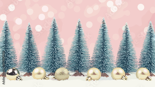 Snowy evergreen trees with ornaments, pink holiday background, festive winter decor, glitter baubles, Christmas vibe, seasonal elegance, bokeh lights, serene celebration