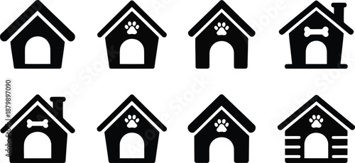 A collection of eight black dog house icons featuring various elements like paw prints and bones
