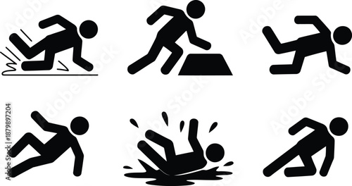 A collection of black human pictogram icons showing various slips trips and falls