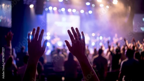 Christian worship service where believers raise their hands in praise during live worship music. The atmosphere is filled with faith, devotion, unity, and spiritual connection