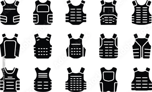 A collection of fifteen black silhouette icons representing various bulletproof vests for protection and security uses
