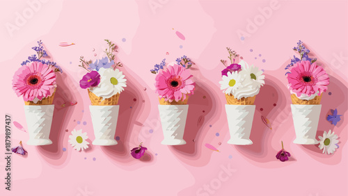 Whimsical ice cream cones filled with flowers, pink background, spring floral fantasy, creative food art, pastel blossoms, surreal decorative composition