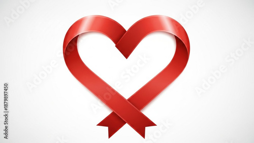 Red ribbon forming a heart shape on white background symbolizing love and awareness