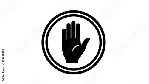  Stop hand gesture icon in circle, palm signal for prohibition or waiting, black minimalist vector symbol.
