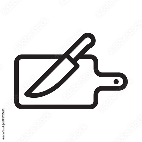 Simple black and white illustration of a cutting board with a knife