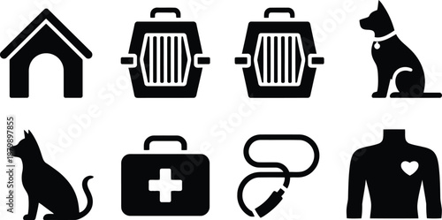 A collection of pet care icons including a dog house, carrier, leash, and a first aid kit