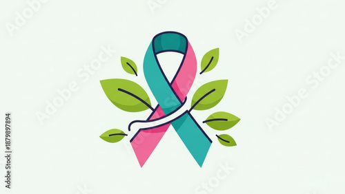 Intertwined pink and teal awareness ribbons with green leaves on light background symbolizing support and hope for health causes