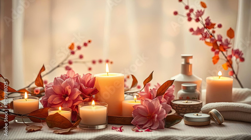 A relaxing spa scene with carefully arranged spa items creates a tranquil atmosphere.