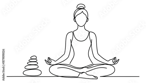 Line art illustration of a woman depicting meditation and relaxation with stacked zen stones for spa, yoga, and mindfulness concepts