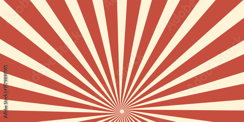 Circus vintage tent background. Retro sun rays pattern. Vintage starburst poster. Star burst radial lines texture. Red stripes. Circus, carnival, summer fair backdrop. Vector illustration.