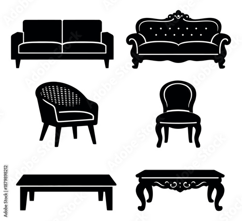 Graphic furniture set featuring various modern and classic pieces for interior design and home decor