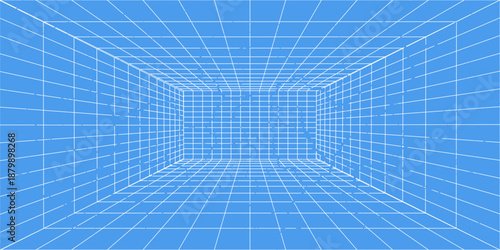 3d wireframe grid room. 3d perspective laser grid 16 9.. Cyberspace blue background with white mesh. Futuristic digital hallway space in virtual reality. Vector illustration.