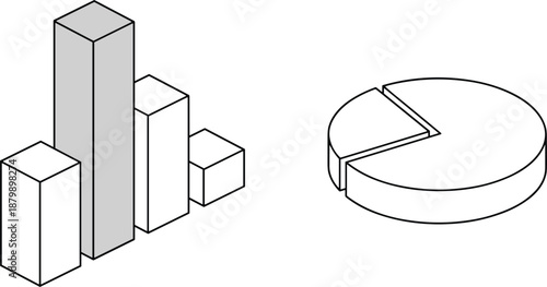 Isometric chart icons set showing bar graph and pie chart representing analytics statistics data visualization vector illustration