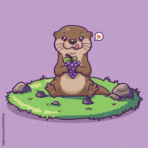 Foto Cute Cartoon Otter Sitting on Grass Holding Purple Grapes with Heart Symbol Vect