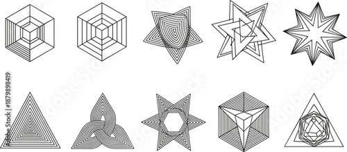 Abstract geometric line art symbol collection featuring polygonal cubes, stars, triangles, optical illusion shapes, modern minimal wmonochrome vector illustration isolated on white background