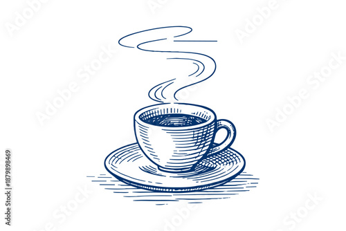 Vintage sketch of a steaming cup of coffee on a saucer