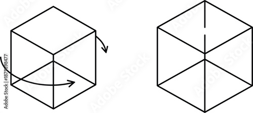 Isometric cube rotation icons set showing 3D transformation perspective change geometry manipulation minimal vector illustration