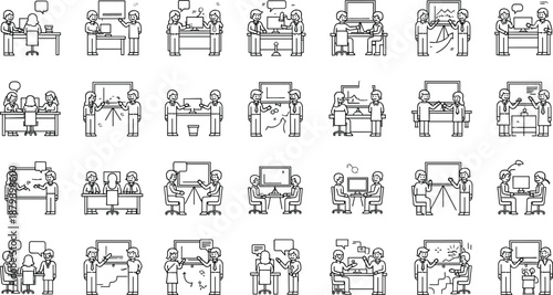 business meeting line icons set, office presentation scenes, teamwork discussion illustrations, corporate 
