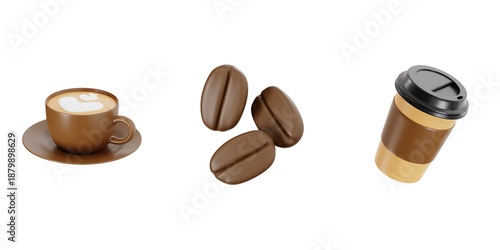 3D Illustration of Latte Art Coffee Cup Roasted Beans and Takeaway Paper Cup