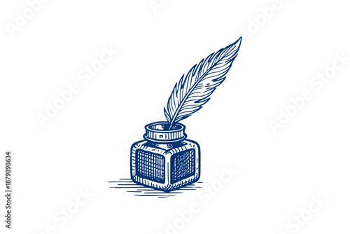 Vintage inkwell with quill feather pen in sketch style illustration