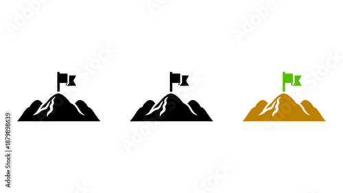 Achievement goals success mountain flag icon set. solid and colourful vector icons for reaching summit and victory.