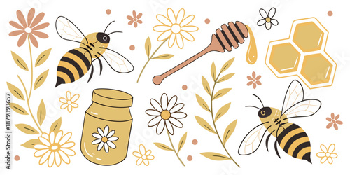 Cute cartoon vector illustration of happy honey bees flying around a hive and summer flowers in a funny seamless pattern design