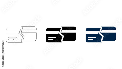 Broken credit card line, solid, and colourful icons financial problem  card cancellation vector set